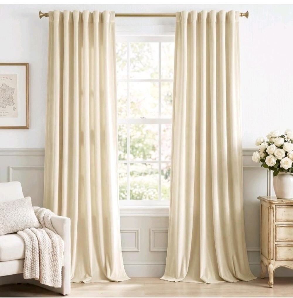 Beige Velvet Drapes Back Tab Privacy for Bedroom, W52 x L94, 2 Pcs